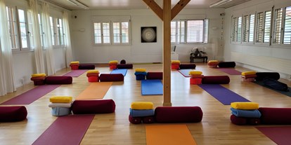 Yogakurs - vorhandenes Yogazubehör: Sitz- / Meditationskissen - Schweiz - Der Tara-Raum ist vorbereitet für  Yin Yoga. - Ananda Oedipe satyam Yoga Zentrum