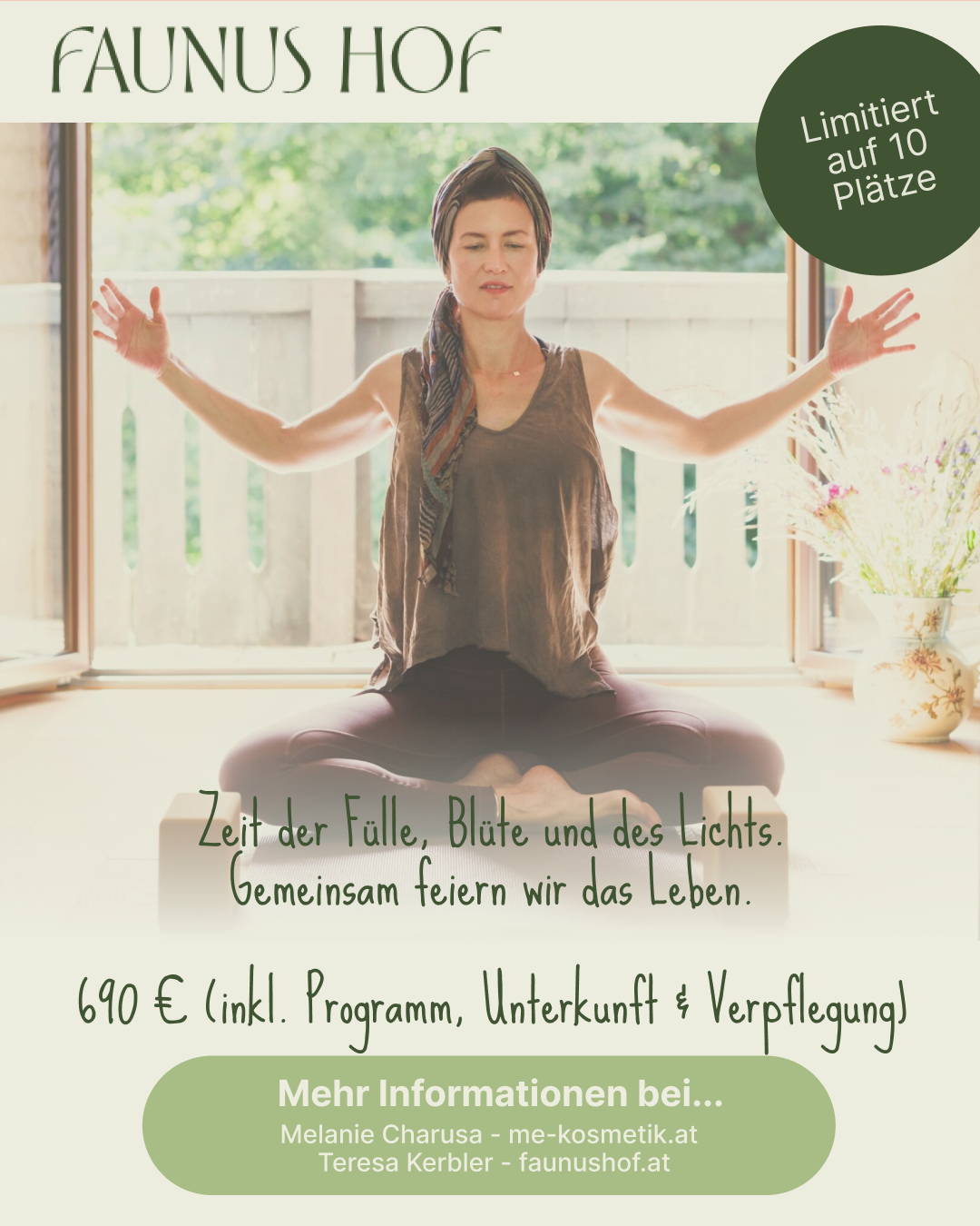 Yoga Retreat: 🗓 19.–21. Juni 2026
🕒 Fr 14:00 – So 14:00
📍 Oberlupitscheni Str. 86 & 88, 8430 Leibnitz

💫 690 € (inkl. Programm, Unterkunft & Verpflegung)
🔗 Anmeldung & Infos:
https://www.faunushof.at/termine

Begleite Teresa & Melanie auf einer Reise zurück zur Natur.  - Faunushof 