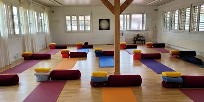 Yoga course - vorhandenes Yogazubehör: Yogablöcke - Bern - Der Tara-Raum ist vorbereitet für  Yin Yoga. - Ananda Oedipe satyam Yoga Zentrum