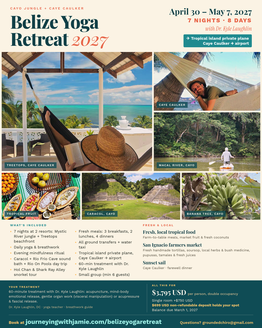 Yoga - Yoga Retreat Belize 2027 Flyer: 30. April – 7. Mai - Yoga Retreat Belize 2027: Dschungel & Insel (Cayo + Caye Caulker), 30. April – 7. Mai