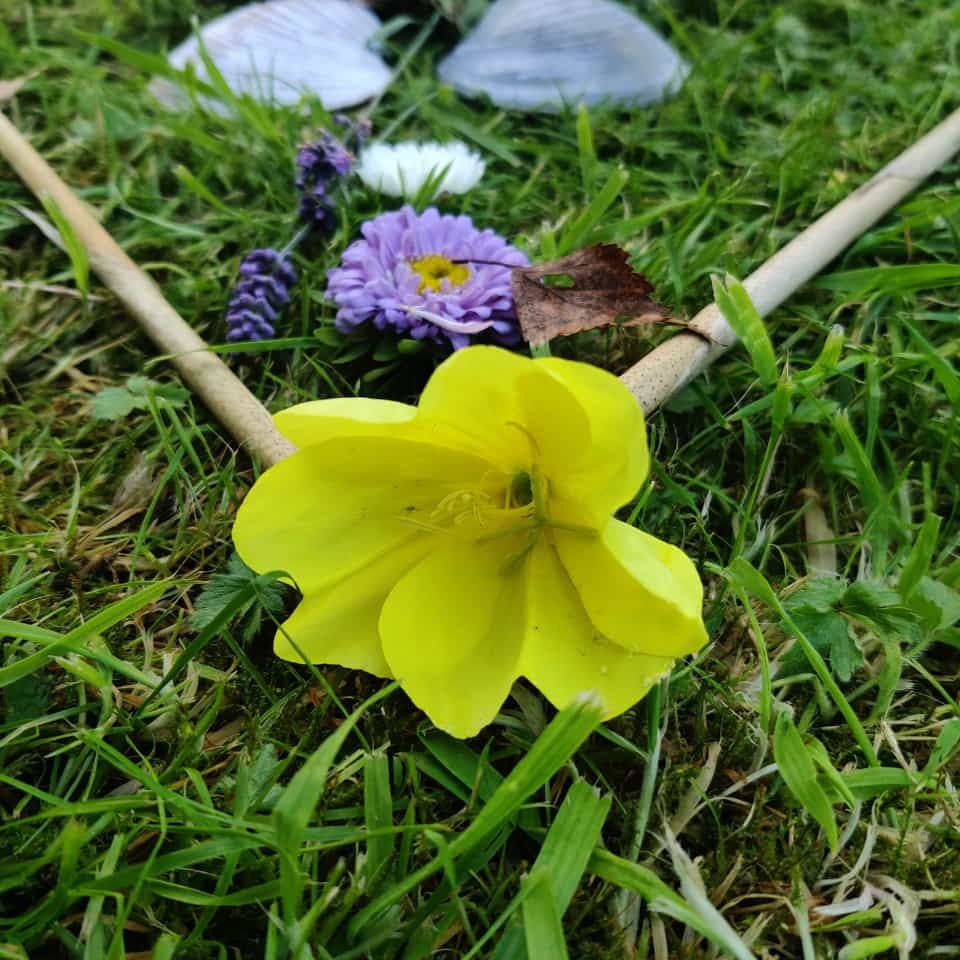 Yoga: Die Nachtkerze schmückt das Mandala aus dem, was uns Wald und  Garten schenken.

Naturmaterialien der Saison - Kundalini Yoga"Raum für mich"