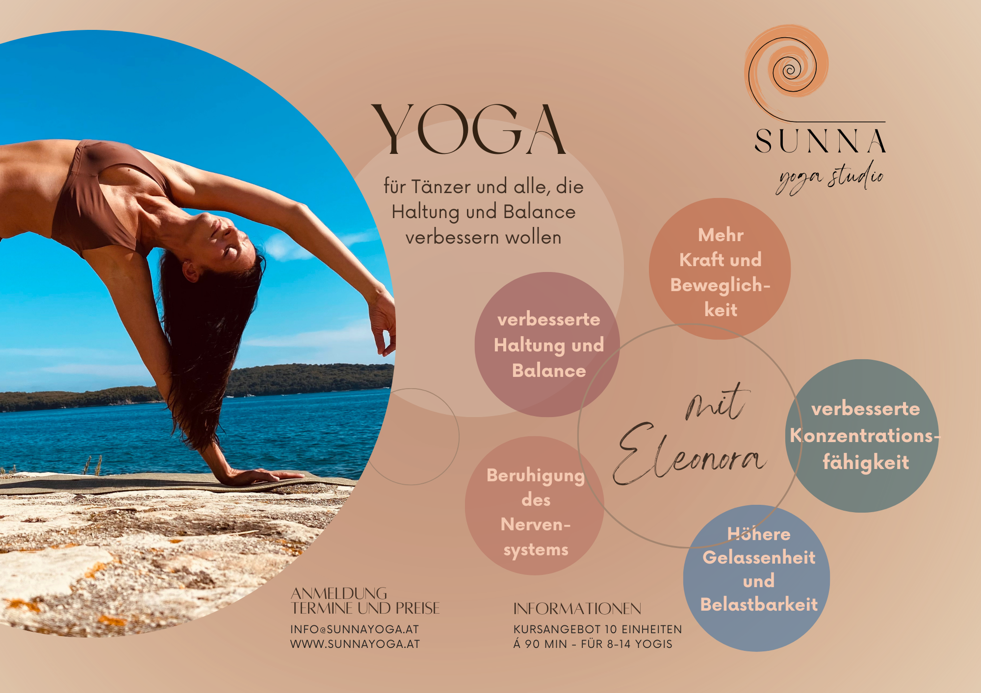 Yoga course - spezielle Yogaangebote: Meditationskurse - Flyer - Yoga für den Rücken mit Eleonora