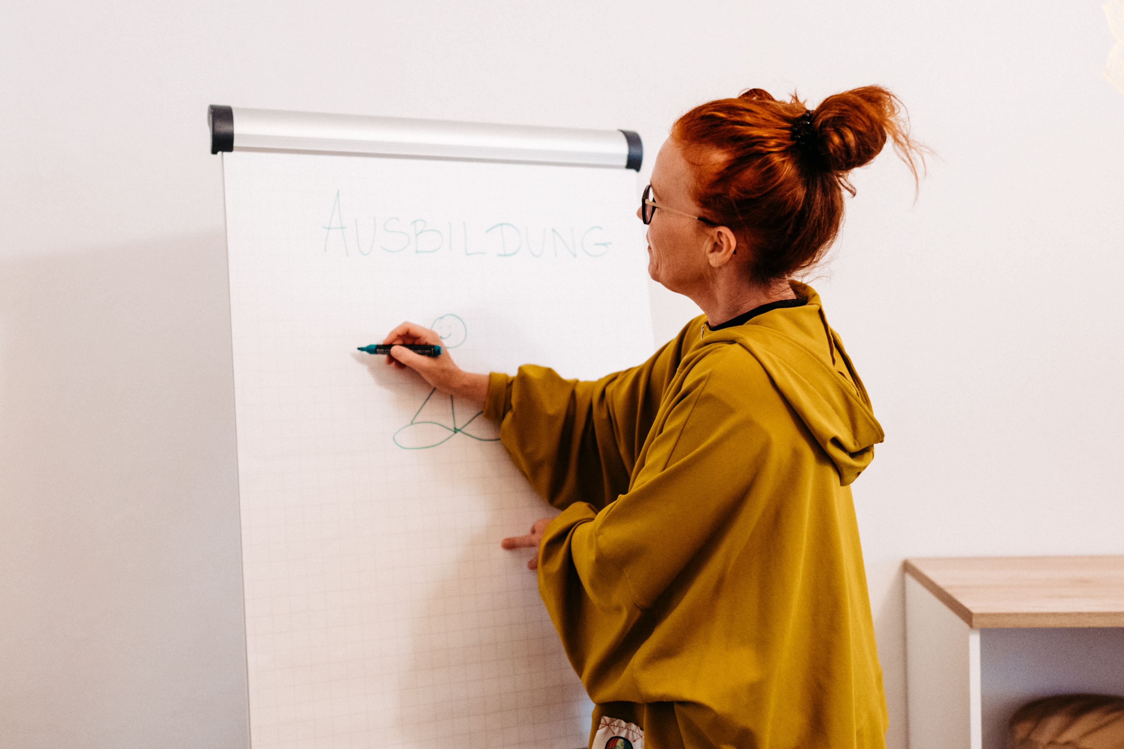 Yoga: Theorie und Praxis vereint: Yoga-Lehrerin Izabela zeichnet während einer Meditation-Ausbildung eine Asana-Skizze auf ein Flipchart. - Hier & Jetzt – Yogastudio für Körper, Geist & Seele in Straubing