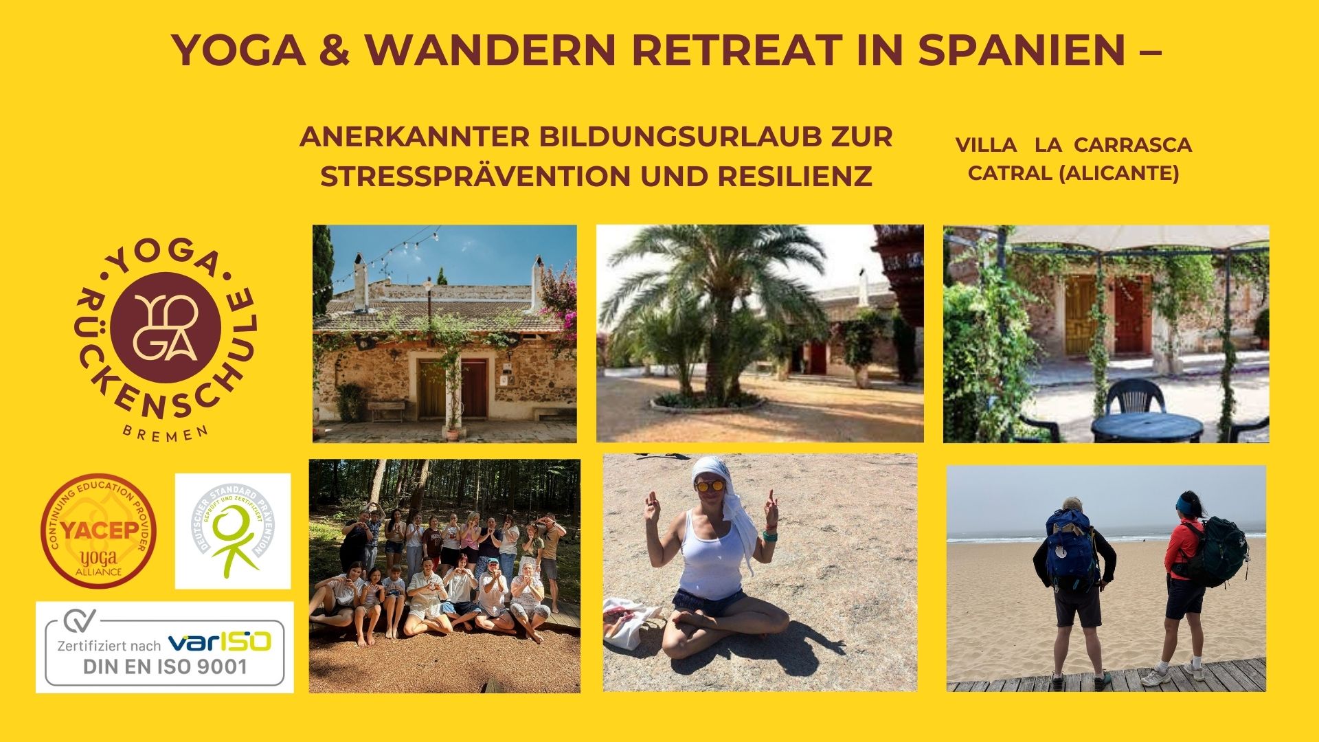 Yoga class - geeignet für: Frauen - Yoga & Wandern Bildungsurlaub in Spanien – anerkannter Bildungsurlaub in 8 Bundesländern. Yoga, Stressprävention, Resilienz, Achtsamkeit und Wandern an der Costa Blanca bei Alicante. Bildungsurlaub mit der Yoga & Rückenschule Bremen. - Yoga & Wandern Retreat / Spanien November 2027