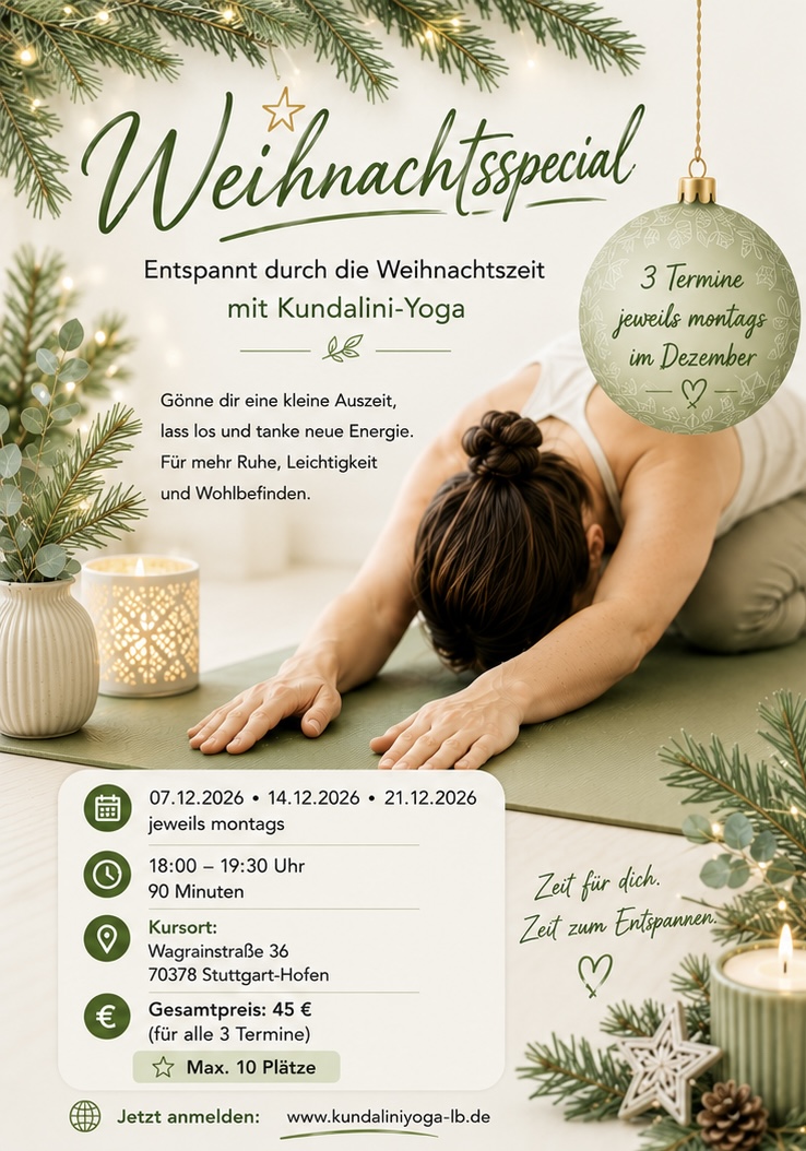 Yogakurs - Baden-Württemberg - Bild wurde mit KI erstellt! - Weihnachtsspecial – Entspannt durch die Weihnachtszeit mit Kundalini Yoga 