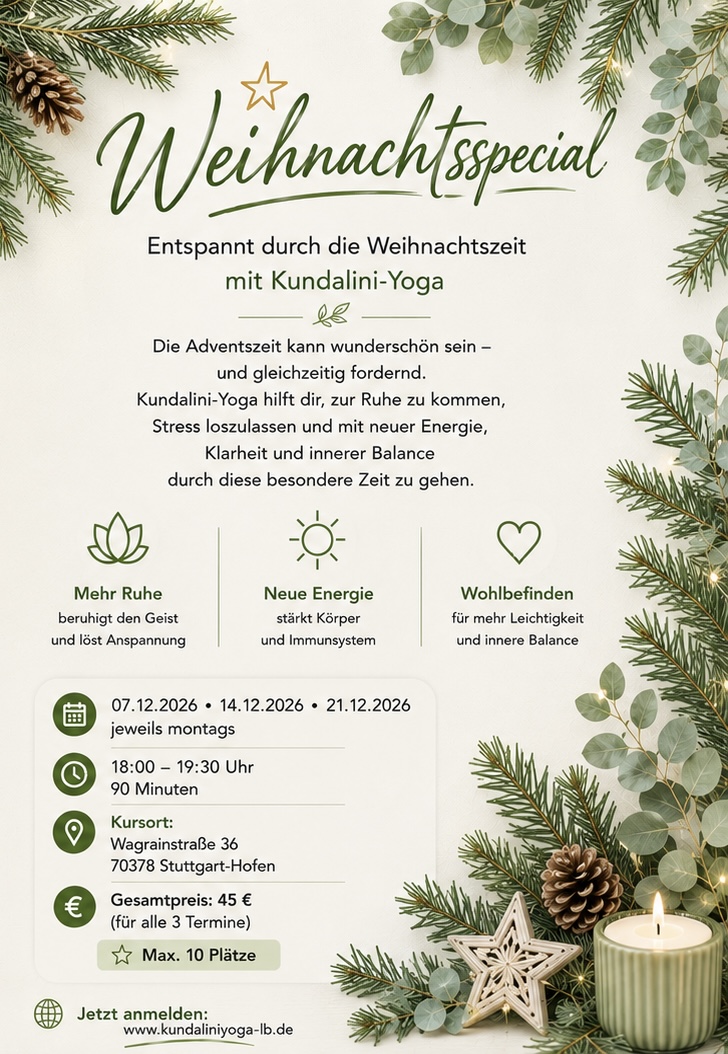 Yogakurs - Baden-Württemberg - Bild wurde mit KI erstellt! - Weihnachtsspecial – Entspannt durch die Weihnachtszeit mit Kundalini Yoga 