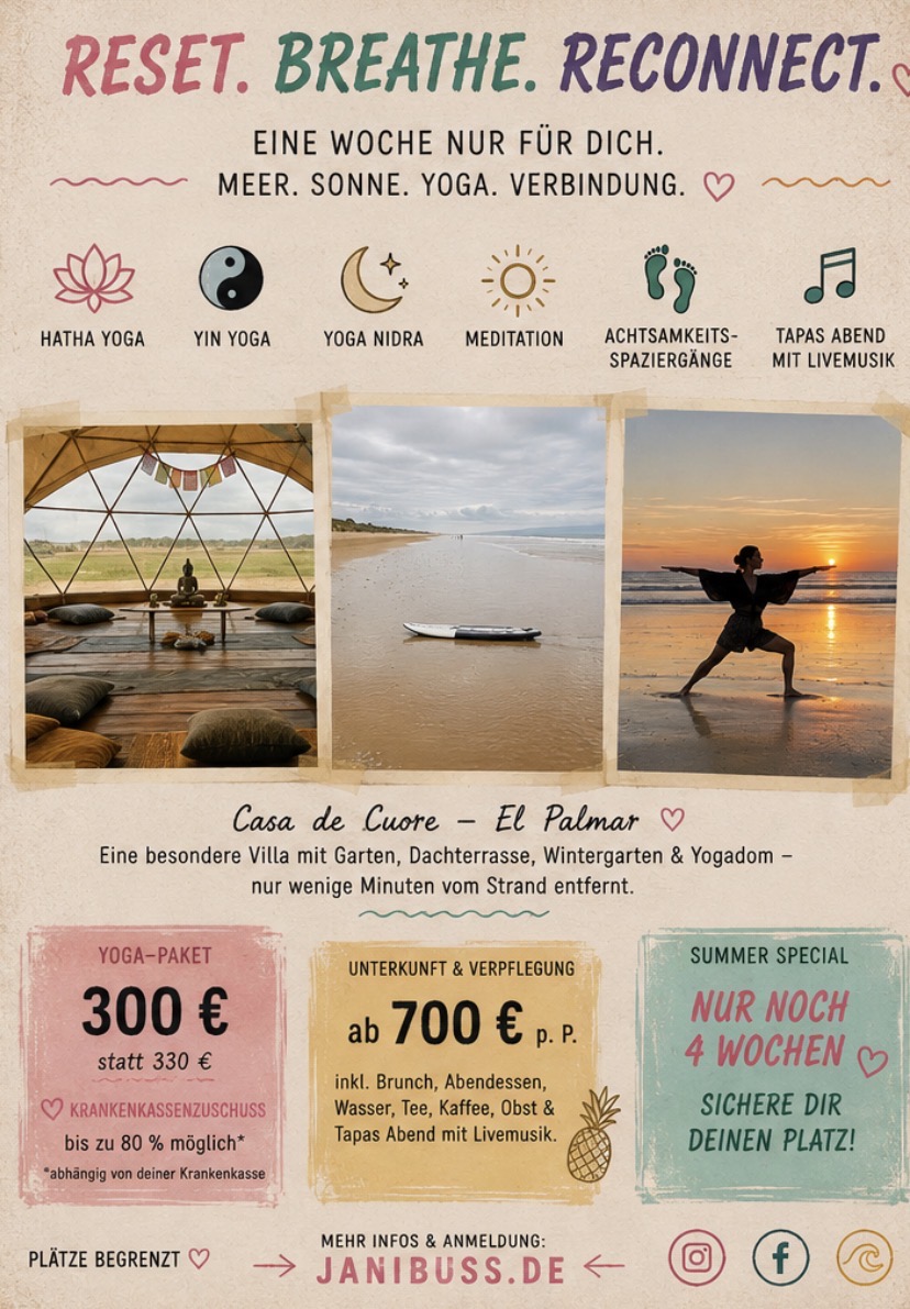 Yogaevent: Zum Beispiel Krankenkassen Zuschuss möglich  - 7 Tage Yoga und Achtsamkeit Retreat in Andalusien 