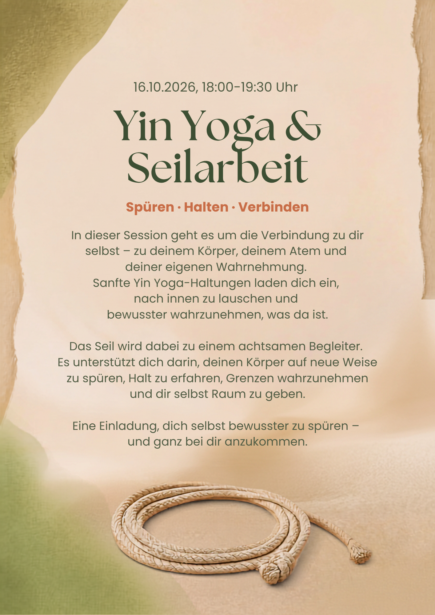 Clase de yoga - Düsseldorf Stadtbezirk 7 - 16.10.2026 Yin & Seilarbeit - Lebensfreude durch Persönlichkeitsentwicklung