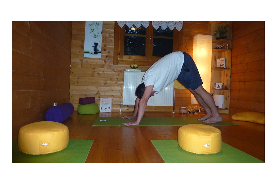Yoga: Yogaraum in der Gesundheitspraxis Starnwörth. Yogaasana "herabschauende Hund" - Gesundheits.Yoga Günter Fellner
