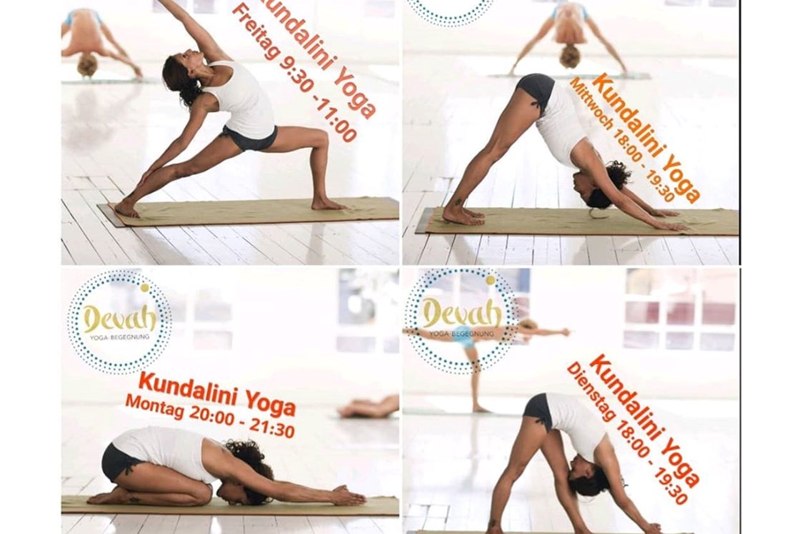 Yoga: Die Kundalini Yoga Asanas (Übungen) und Kriyas (Übungsreihen) sind zugleich dynamisch und meditativ, kräftigend und entspannend, heilend und belebend. Sie bieten in ihrer Kombination aus Körperhaltungen und Bewegungsabläufen, inneren Konzentrationspunkten und Atemführung sowie dem Gebrauch von Mantras (Meditationsworten), Mudras (Handhaltungen) und Bhandas (innerer Energielenkung) eine ungeheure Vielfalt an Möglichkeiten, einen individuellen Schwerpunkt zu finden. - Devah Yoga und Begegnung