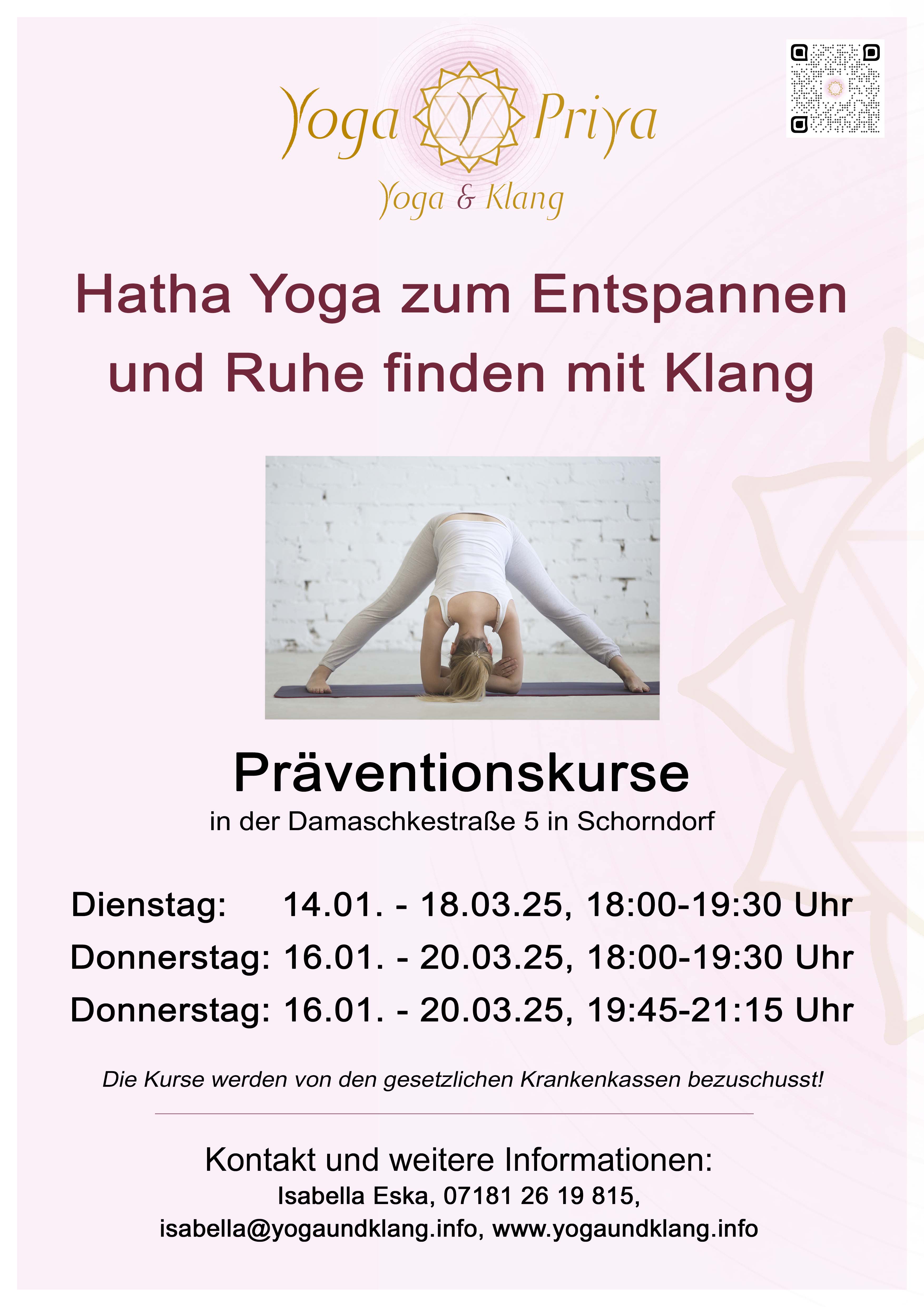 Yoga course - Kurse für bestimmte Zielgruppen: Kurse für Schwangere (Pränatal) - Germany - Neue Präventionskurse Hatha Yoga in Schorndorf am Januar 2025! - Hatha Yoga zum Entspannen und Ruhe finden mit Klang